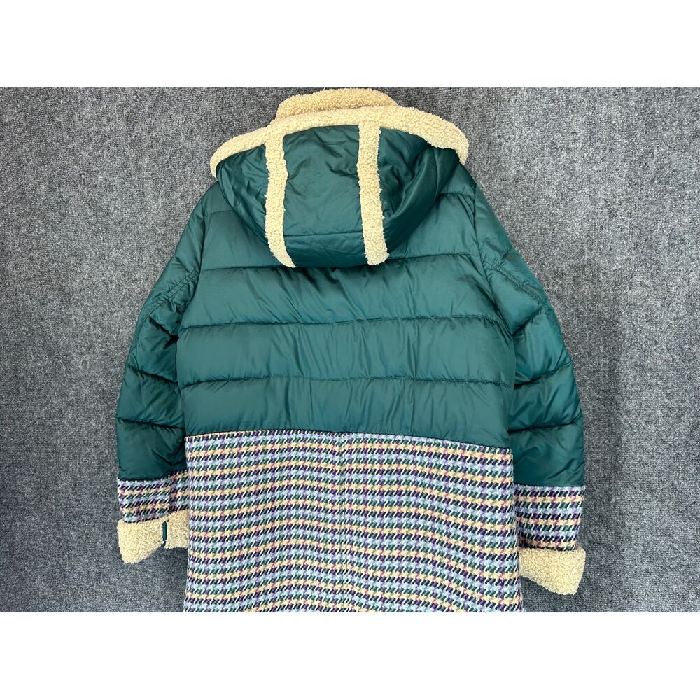 Sam Edelman Puffer Coat Womens L Teal Houndstooth Sherpa Hood Long Winter - Picture 7 of 13